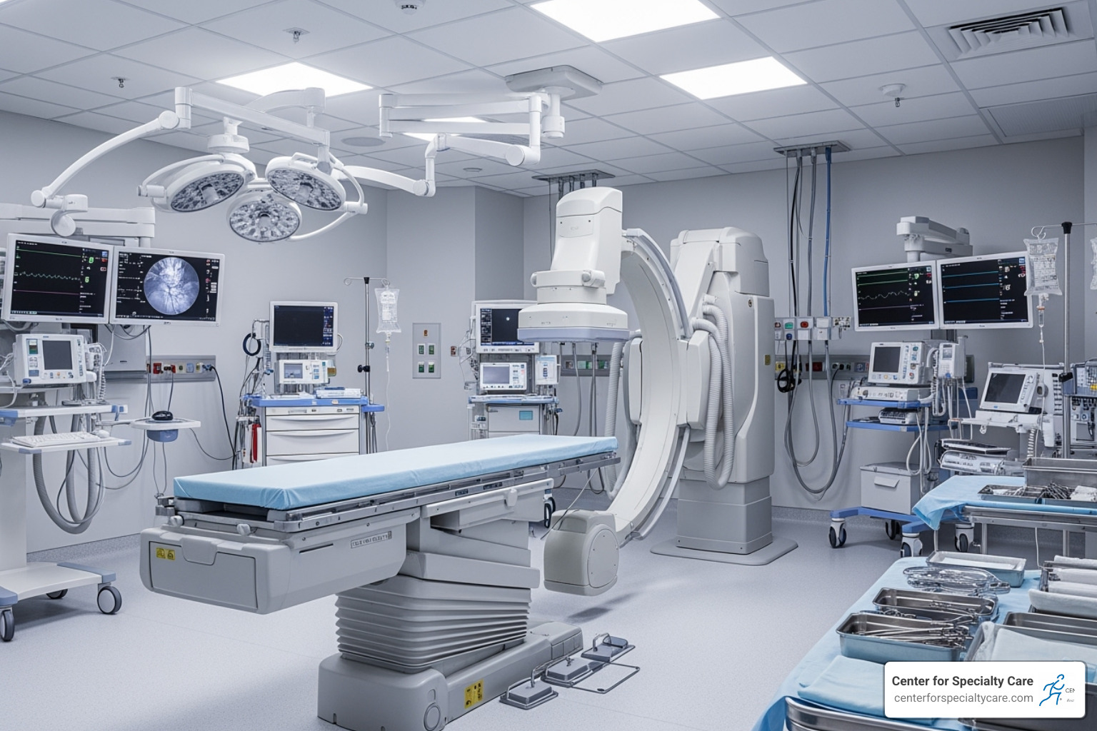 A modern, clean procedure room with a fluoroscopy machine, indicating advanced medical technology - nerve ablation procedure for back pain