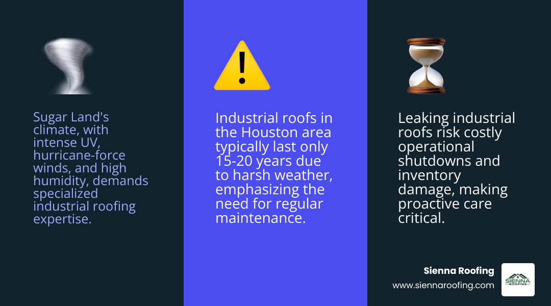 Comprehensive breakdown of industrial roofing system components including membrane layers, insulation, structural deck, drainage systems, and safety equipment requirements for Sugar Land facilities - industrial roofing and repair sugar land tx infographic 3_facts_emoji_blue
