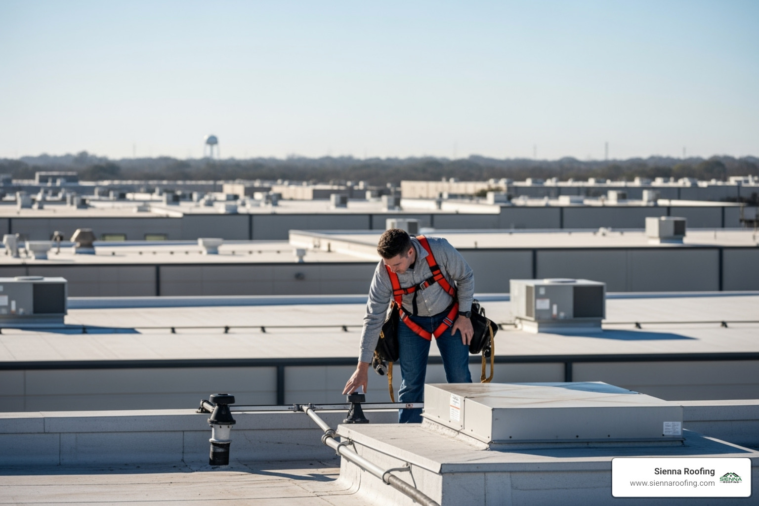 roofing professional inspecting commercial roof with safety harness - industrial roofing and repair sugar land tx