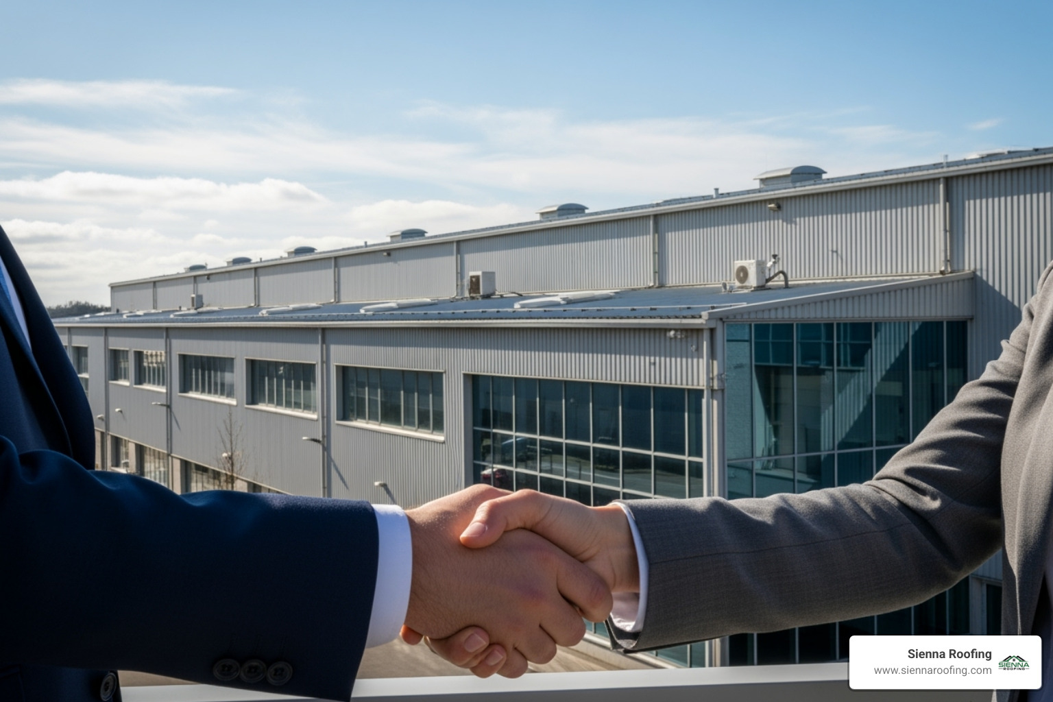 handshake with completed industrial roofing in background - industrial roofing and repair sugar land tx