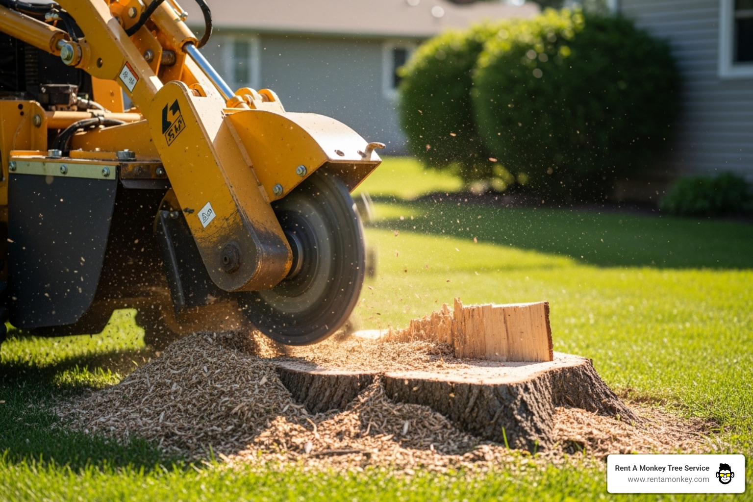 Stump grinder in action, turning a tree stump into mulch - tree service Park City Utah