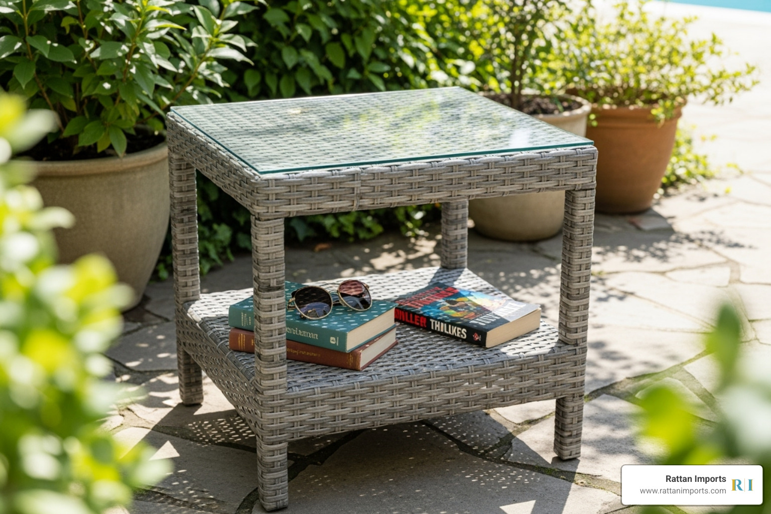 2-tier grey rattan side table with books on the lower shelf - grey rattan side table outdoor