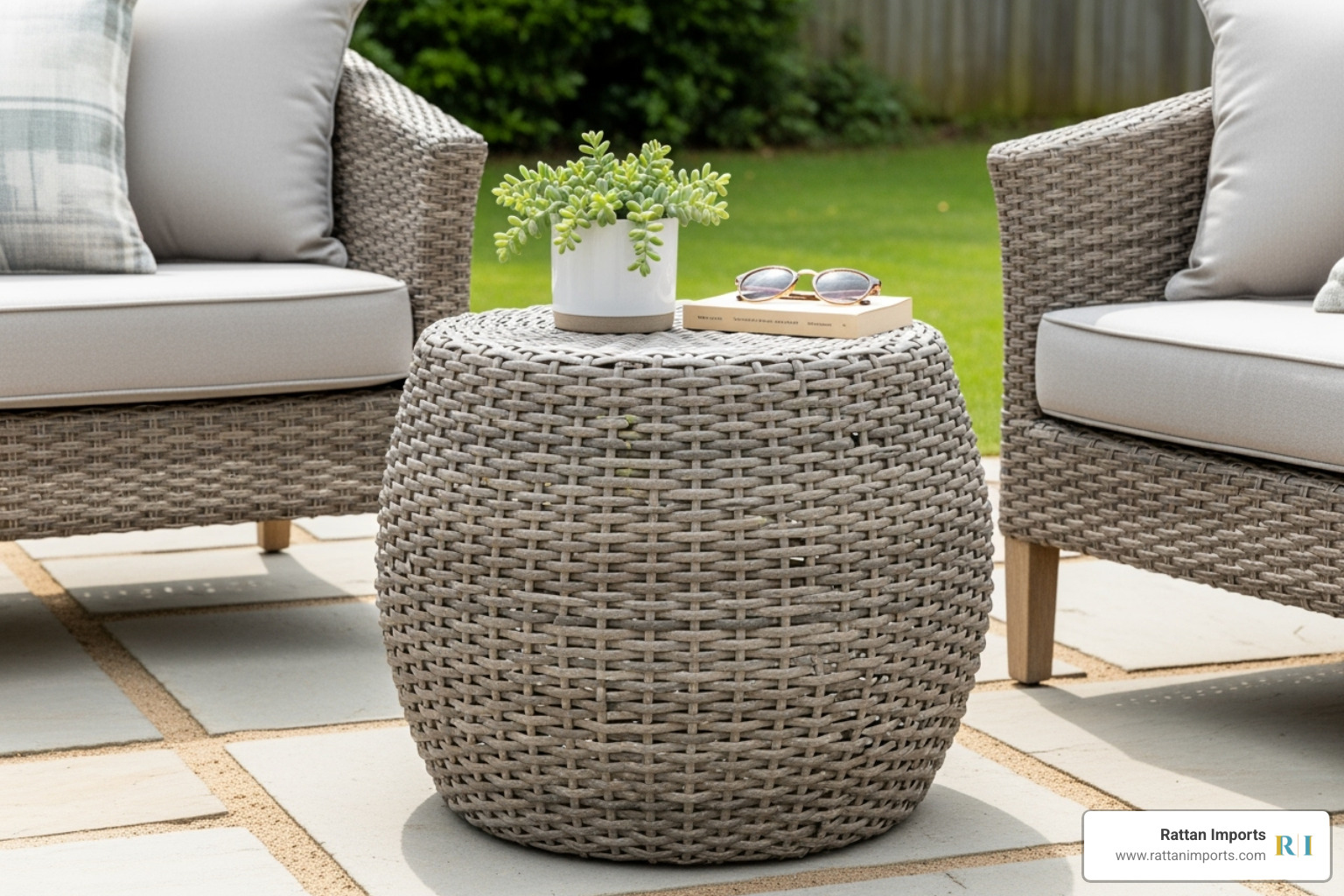 round, drum-style grey rattan side table adding a soft touch to an outdoor seating area - grey rattan side table outdoor