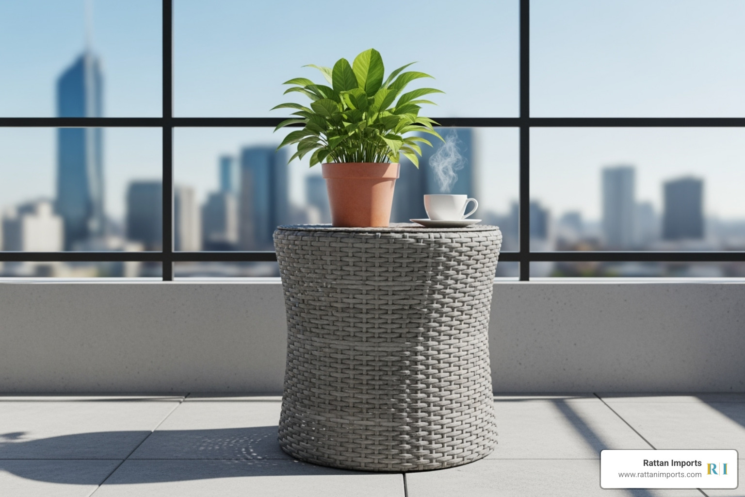 grey rattan side table on a small, modern balcony holding a plant and a coffee cup - grey rattan side table outdoor