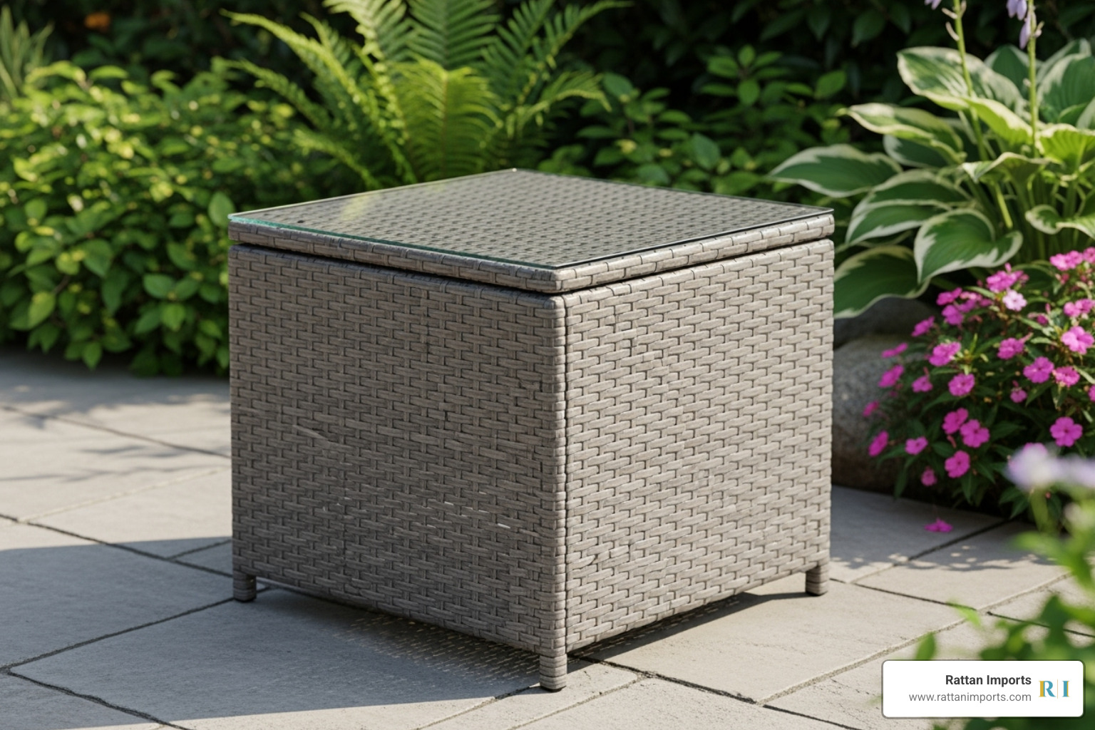 square grey rattan side table with a sleek tempered glass top - grey rattan side table outdoor