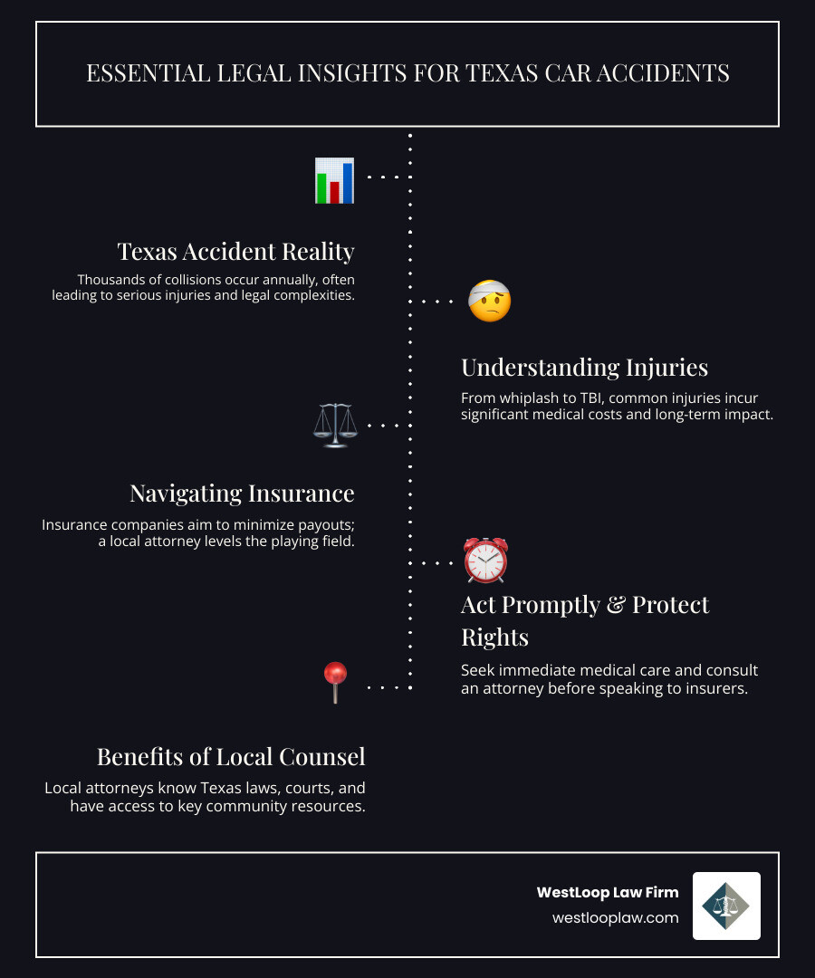 Infographic showing Texas car accident statistics, common injury types including whiplash and traumatic brain injury, average settlement timelines of 6-18 months, the importance of immediate medical attention and legal consultation, and key benefits of hiring local legal representation including knowledge of Texas laws and access to local medical professionals - car injury attorney near me infographic infographic-line-5-steps-dark