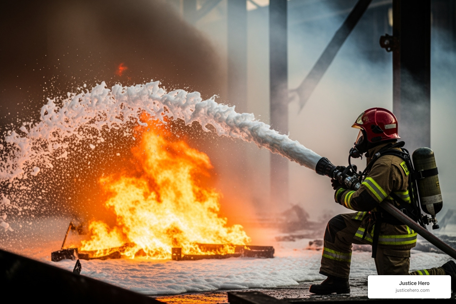firefighter with a hose spraying foam - firefighting foam lawyers