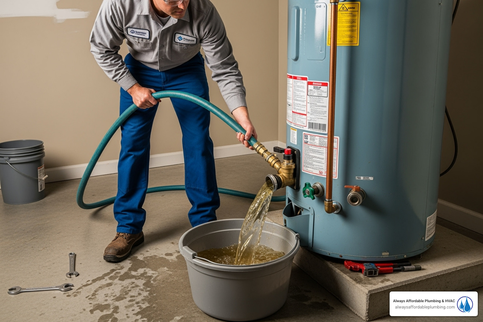 Image of a technician flushing a water heater tank - water heater repair folsom