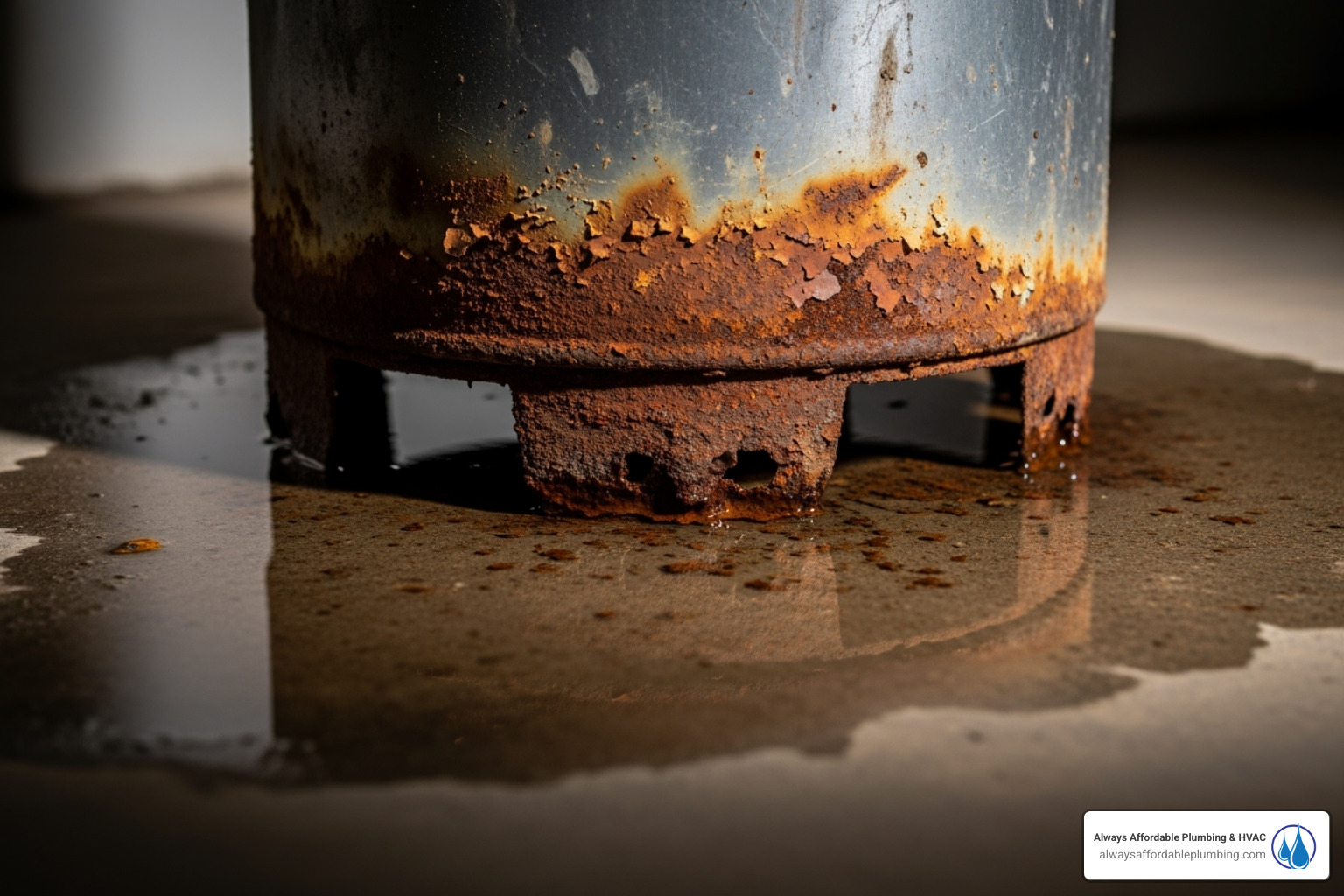 Image of a corroded water heater tank base with a small puddle - water heater repair folsom