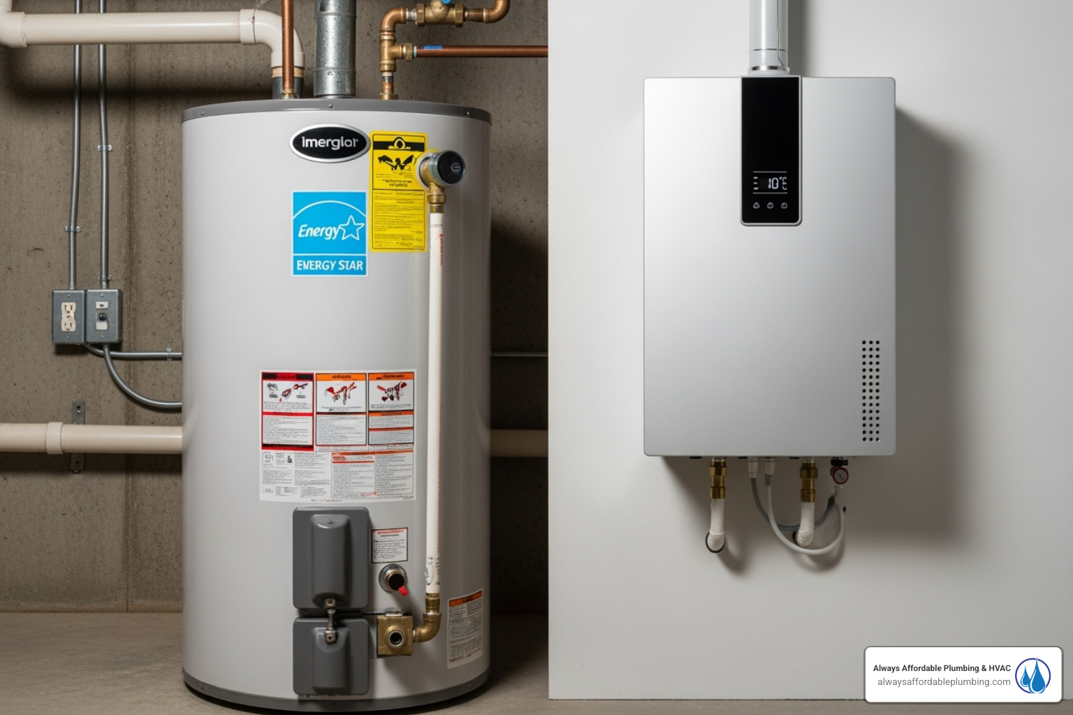 Image of a modern, energy-efficient tank water heater and a compact tankless unit side-by-side - water heater repair folsom