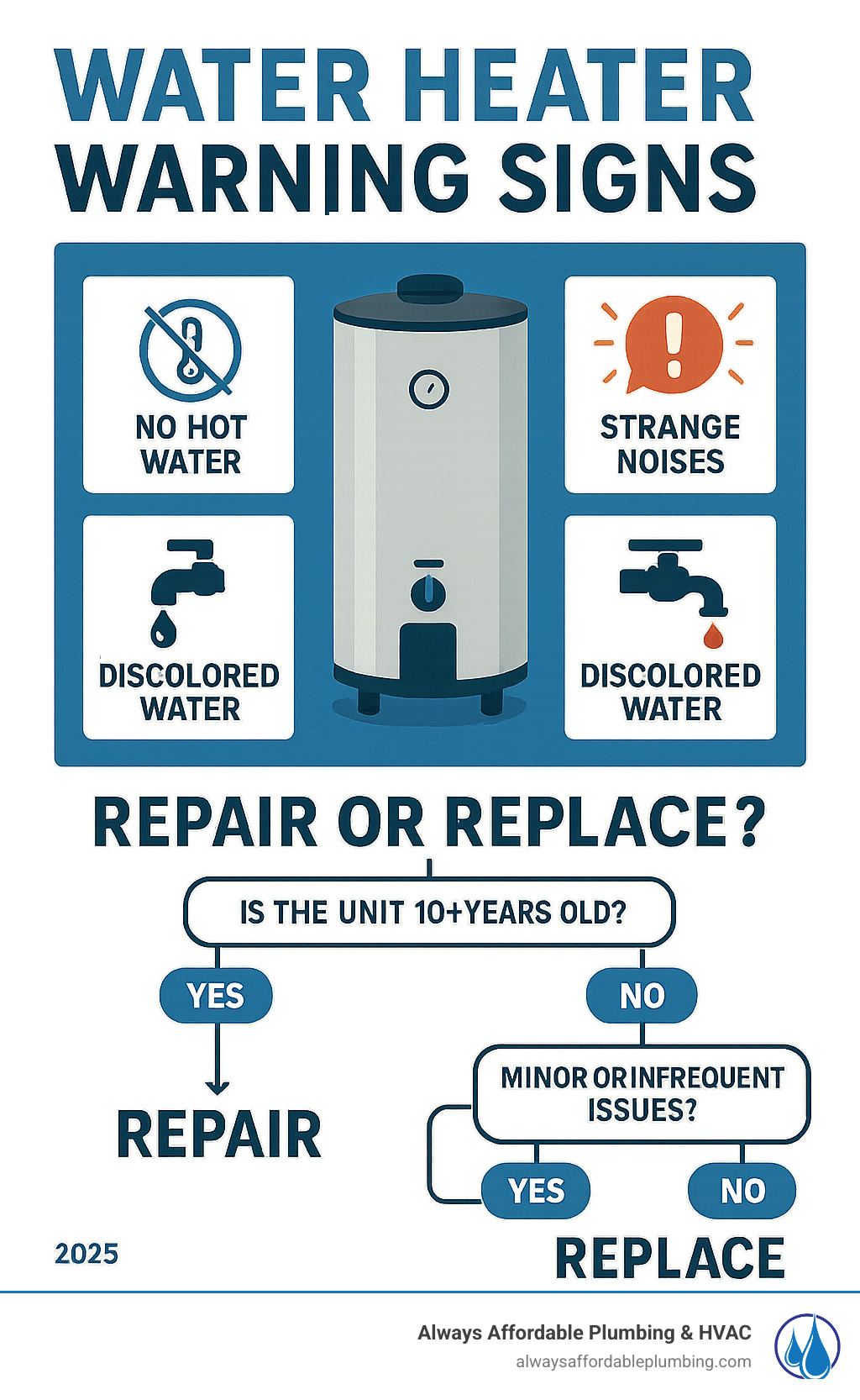 Infographic showing common water heater warning signs including no hot water, strange noises, leaks, discolored water, and age indicators, with decision tree for repair vs replacement based on unit age and severity of issues - water heater repair folsom infographic 