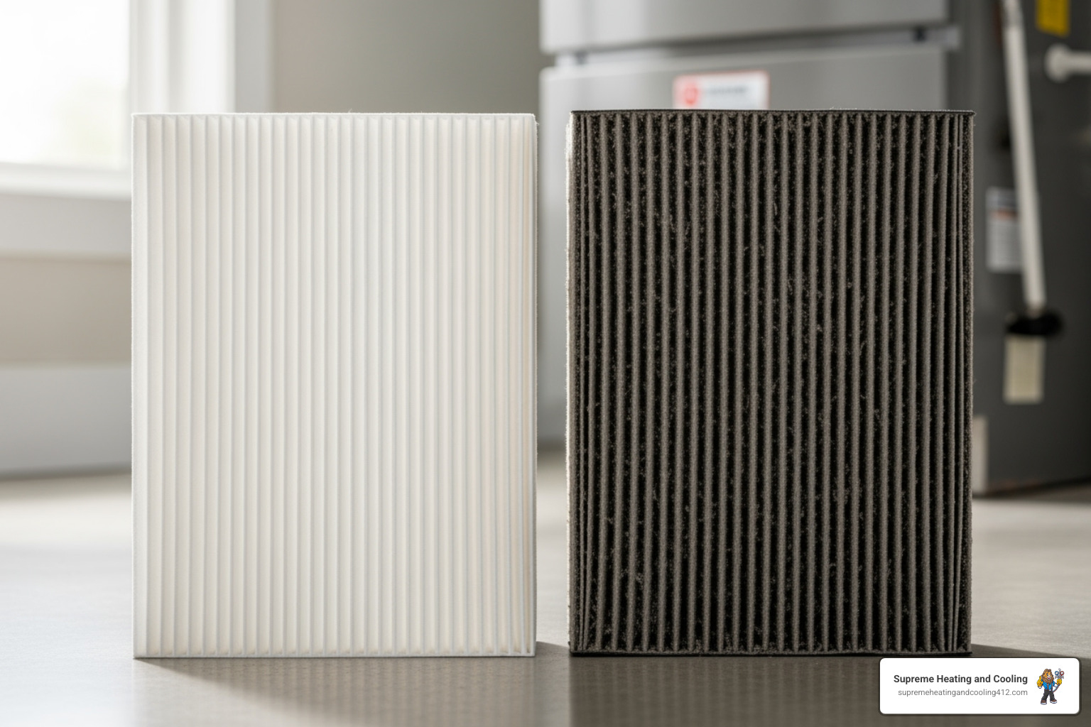 clean and a dirty furnace filter side-by-side - furnace blowing cold air
