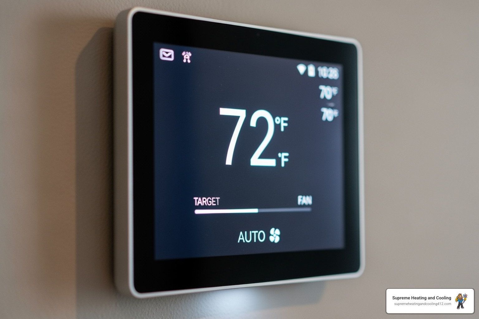modern digital thermostat showing the fan set to 'AUTO' - furnace blowing cold air
