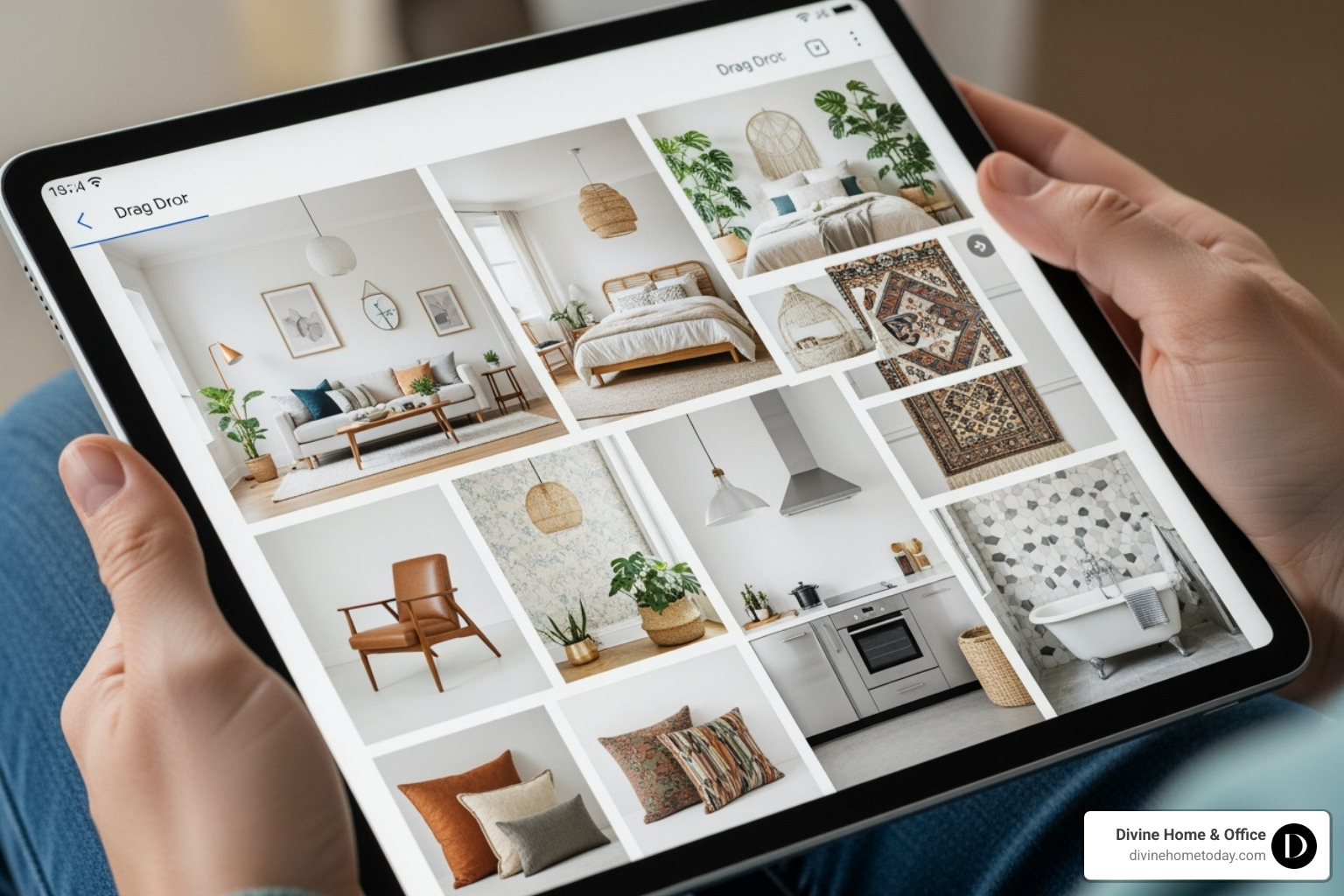 person organizing a Pinterest board on a tablet - free in home design consultation