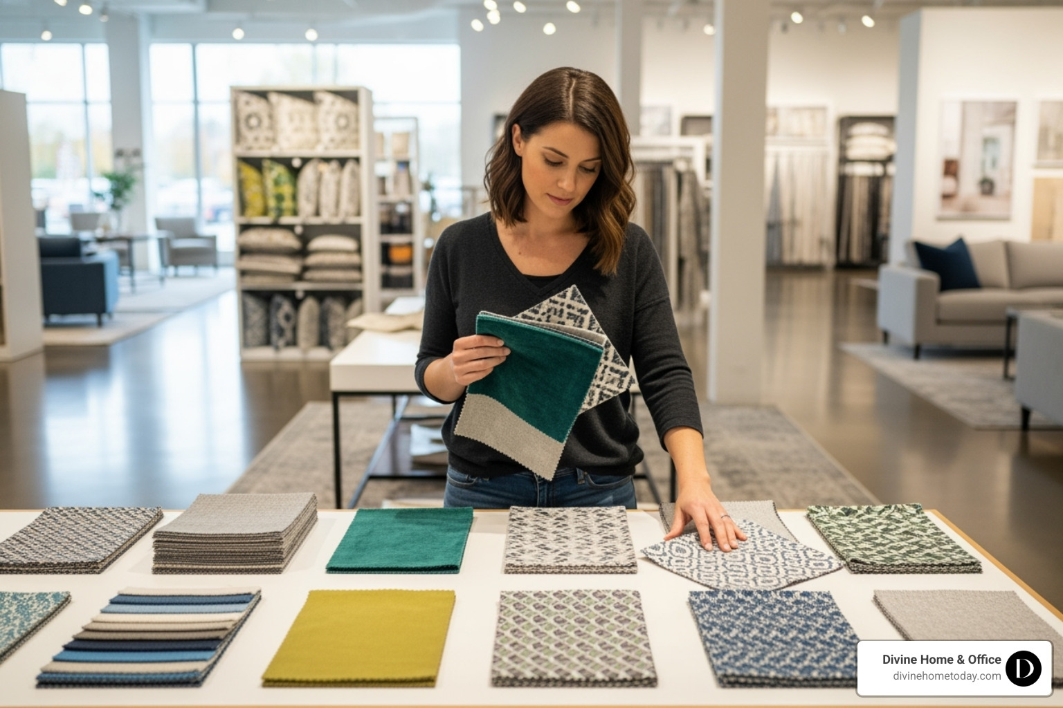 person browsing fabric swatches in a store - free in home design consultation