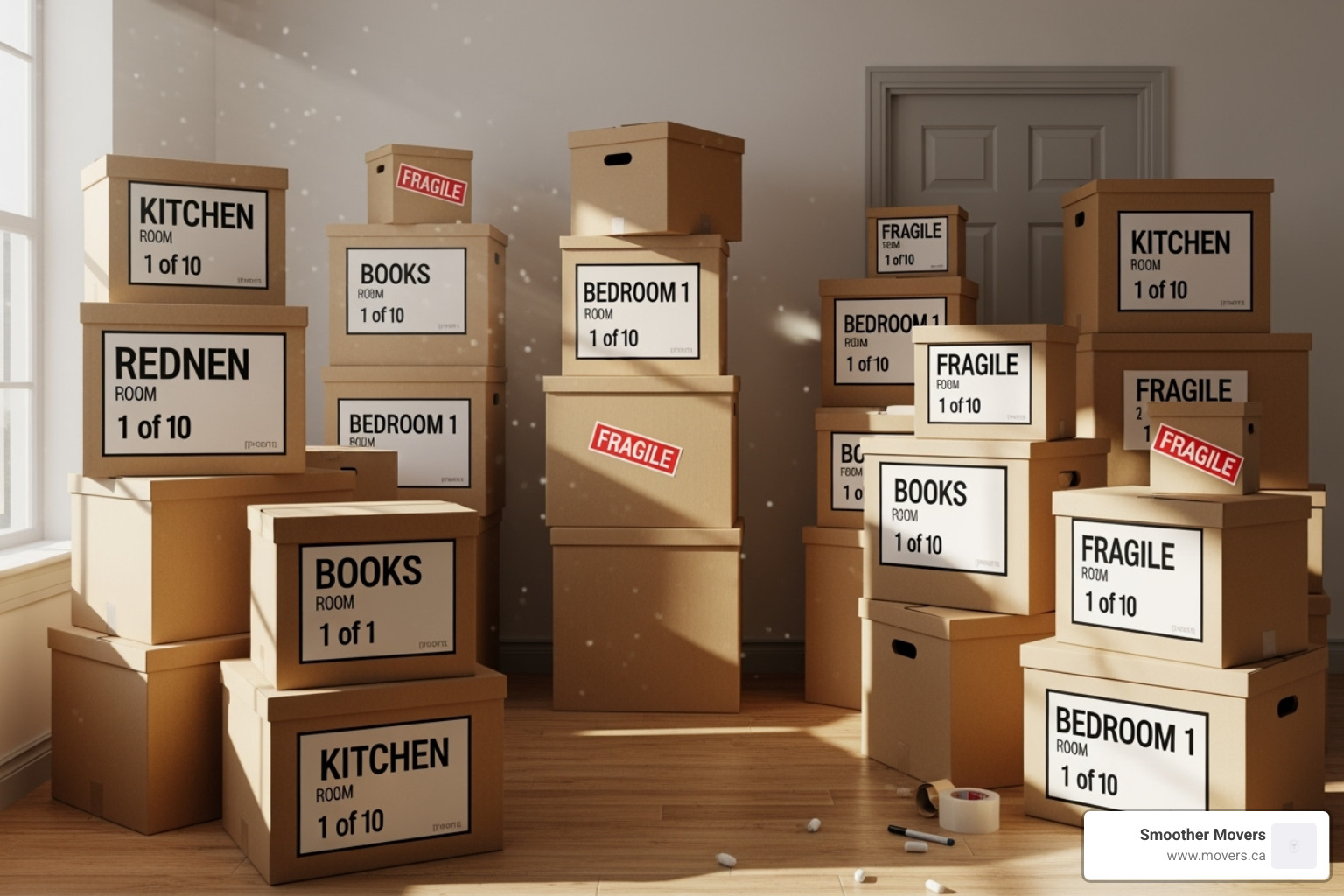 neatly packed and labeled moving boxes ready for transport - moving states movers
