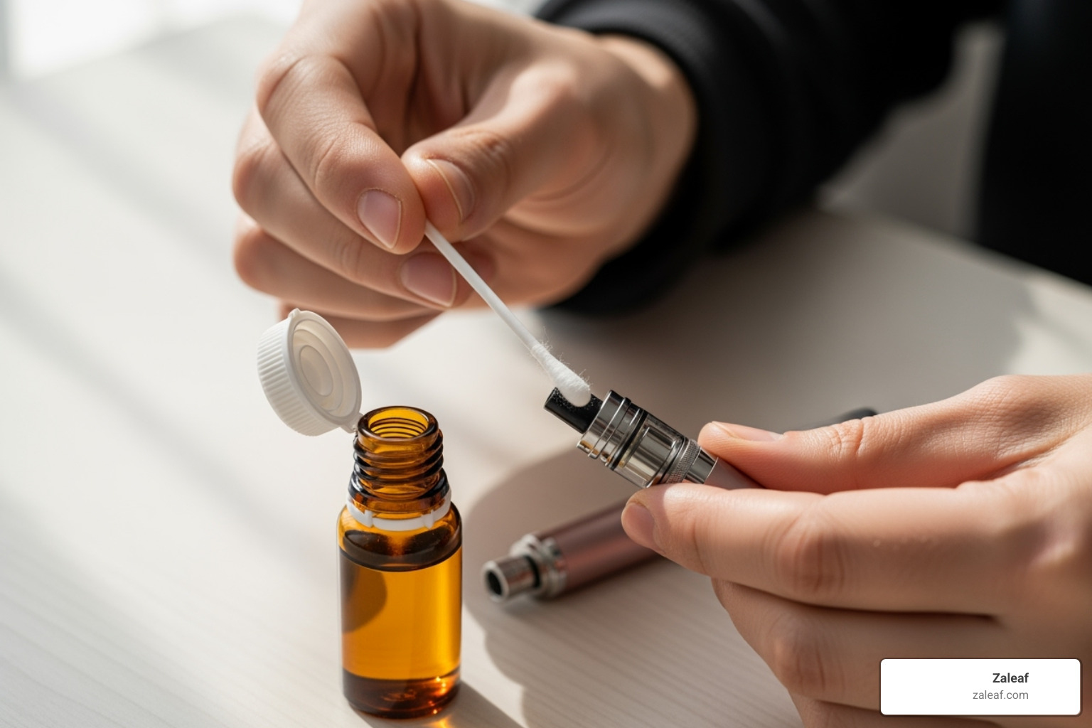 person cleaning a vape pen with a cotton swab and isopropyl alcohol - best vape pen