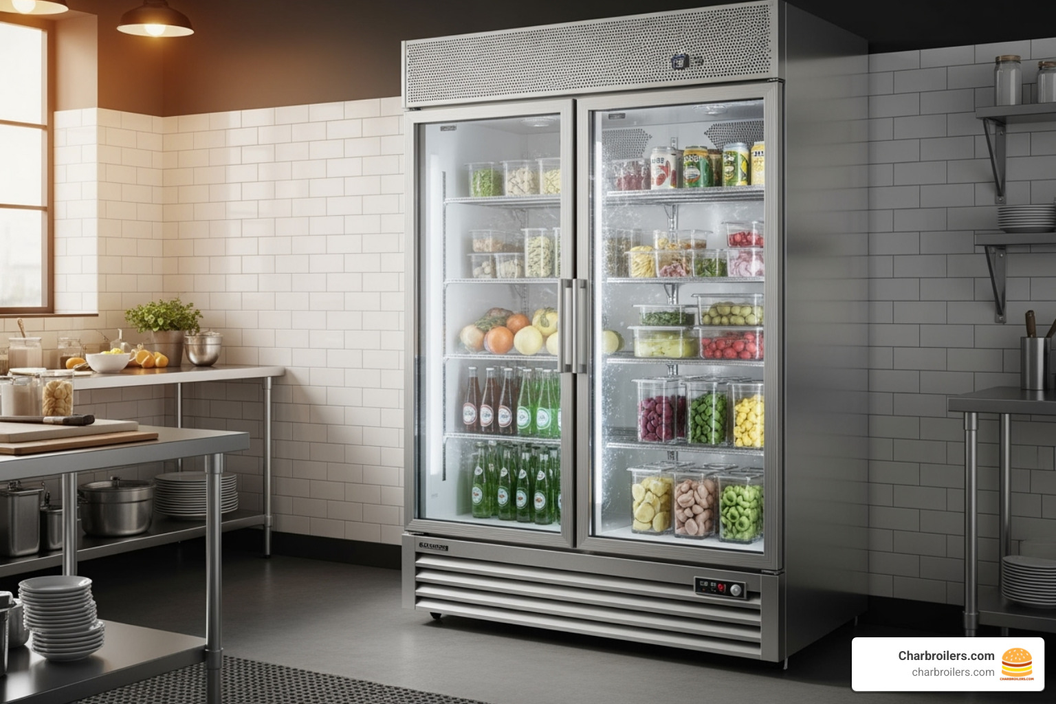 An image illustrating proper ventilation clearance around a commercial chiller, showing space behind and above the unit - double door upright chiller An image illustrating proper ventilation clearance around a commercial chiller, showing space behind and above the unit - double door upright chiller