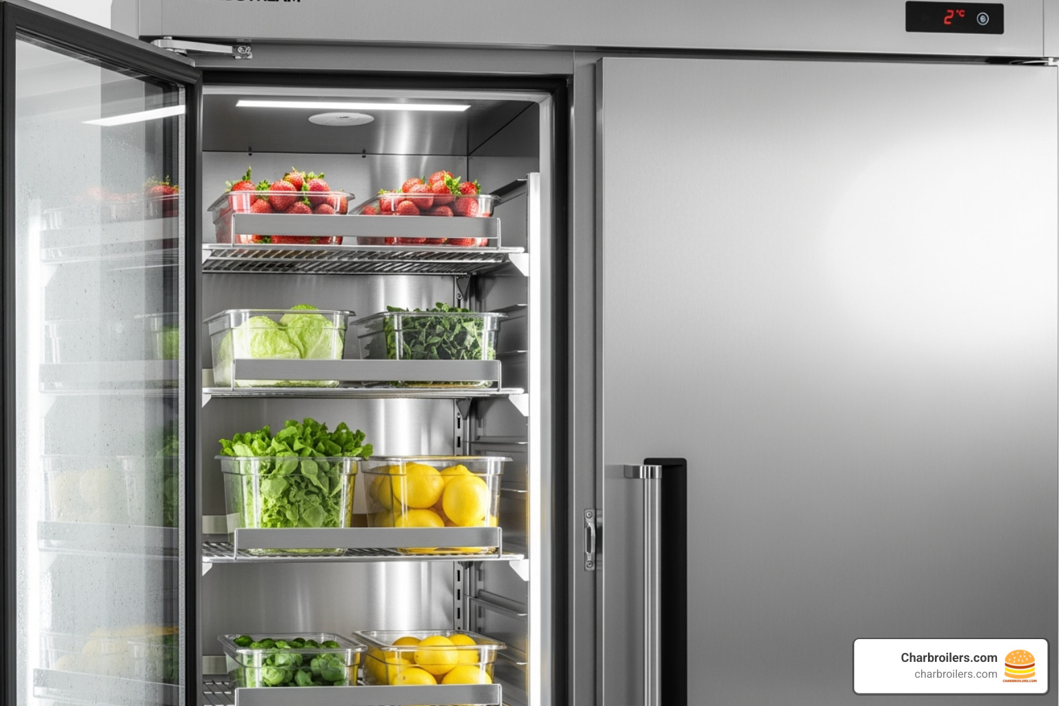 A close-up image of the stainless steel exterior and interior of a commercial chiller, highlighting its durable and hygienic construction - double door upright chiller A close-up image of the stainless steel exterior and interior of a commercial chiller, highlighting its durable and hygienic construction - double door upright chiller