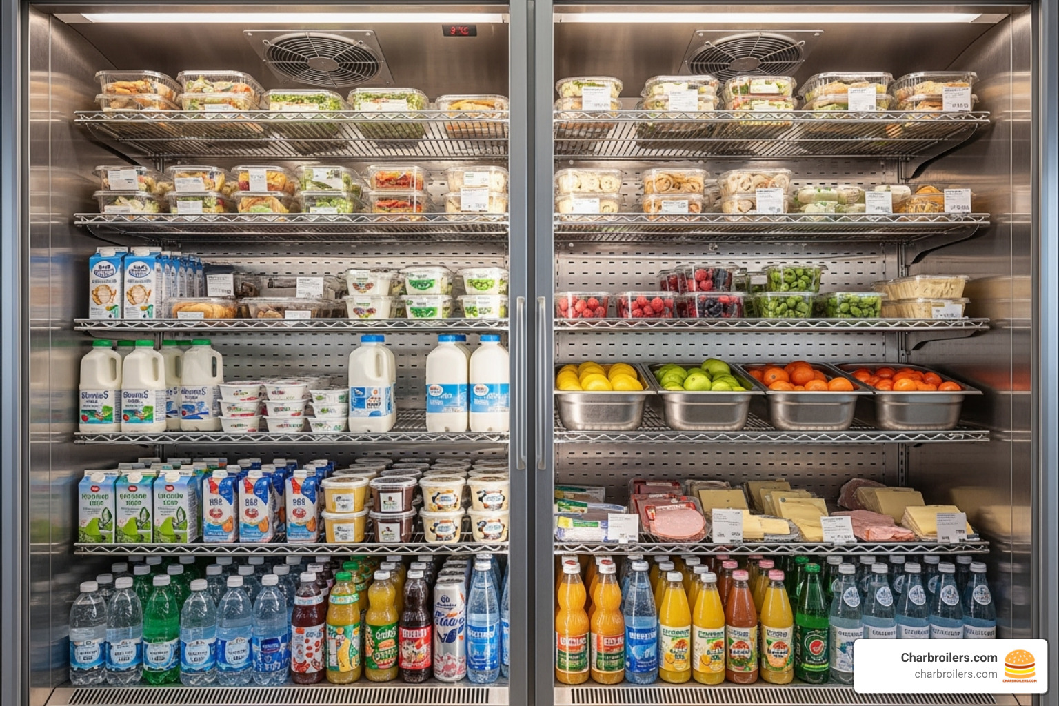 An image showing the interior of a double door upright chiller, well-organized with various food items on adjustable shelves - double door upright chiller An image showing the interior of a double door upright chiller, well-organized with various food items on adjustable shelves - double door upright chiller