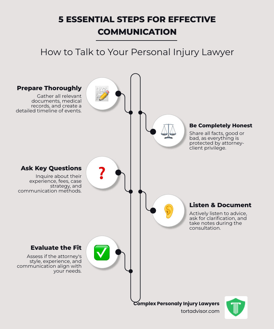 Infographic showing the 5 essential steps for effective communication with a personal injury lawyer: 1) Prepare documents and timeline, 2) Be honest about all facts, 3) Ask specific questions about experience and fees, 4) Listen actively and take notes, 5) Evaluate if they're the right fit - how to talk to personal injury lawyer infographic infographic-line-5-steps-neat_beige