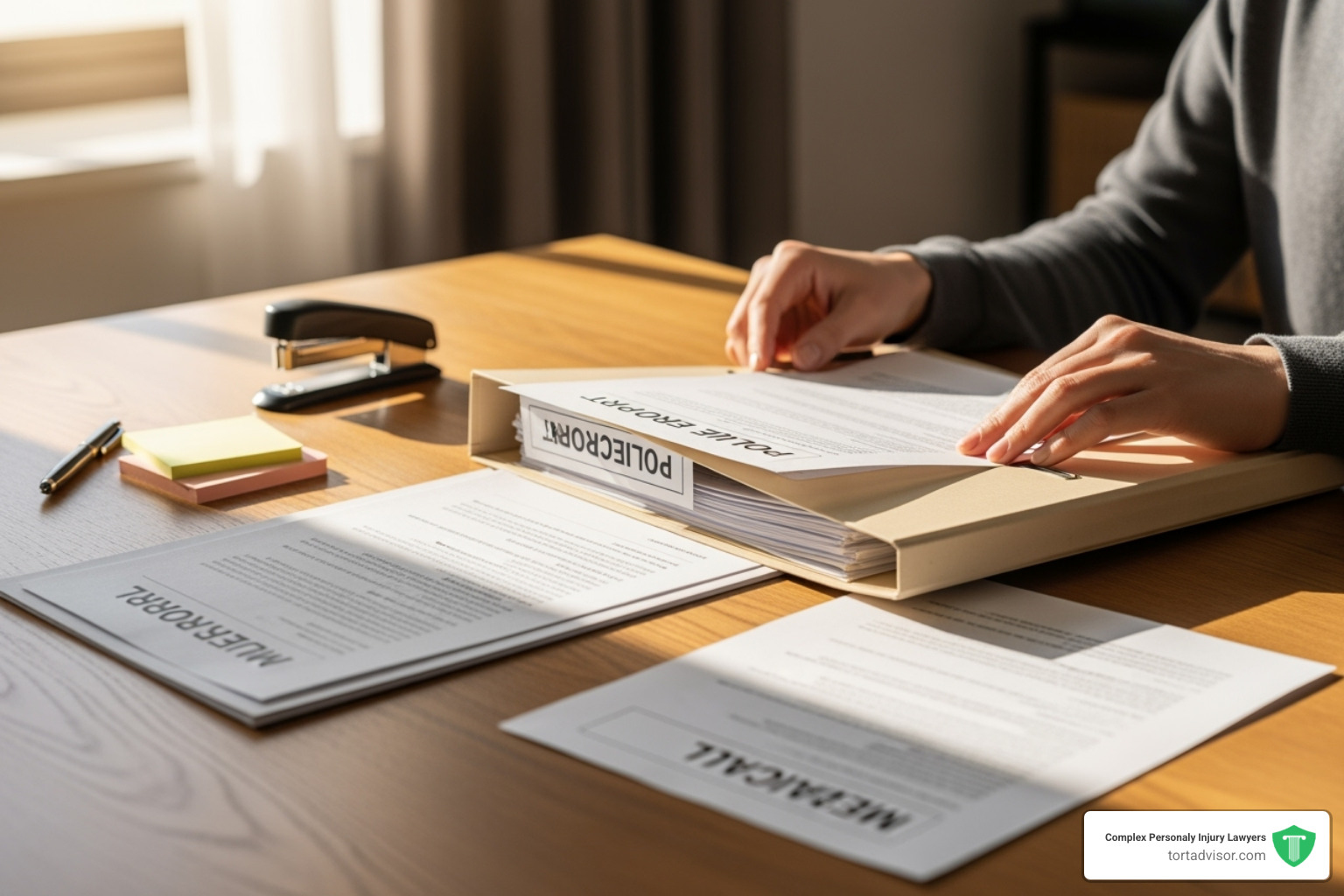 A person organizing documents like medical bills and a police report into a folder - how to talk to personal injury lawyer
