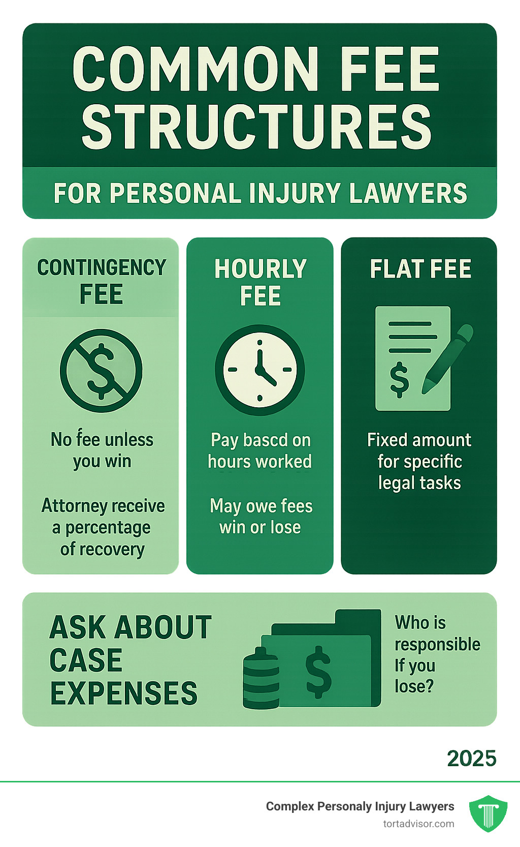 Infographic showing common fee structures for personal injury lawyers - how to talk to personal injury lawyer infographic 