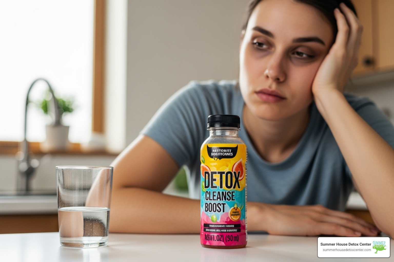 person looking unwell next to commercial detox product - alcohol detox drink