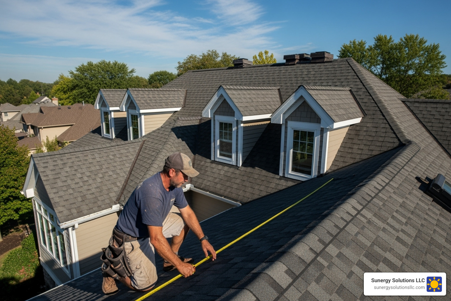 roofing contractor measuring a complex roof with multiple dormers and valleys - residential metal roofing prices roofing contractor measuring a complex roof with multiple dormers and valleys - residential metal roofing prices