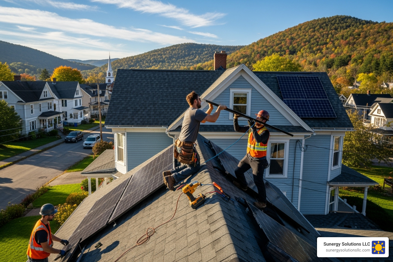 Solar installers working on a residential roof in a Vermont town - Green energy Vermont Solar installers working on a residential roof in a Vermont town - Green energy Vermont