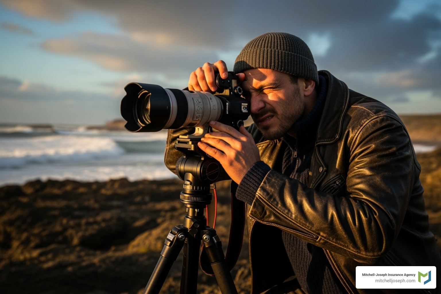 A photographer adjusting their camera on a tripod at an outdoor location, highlighting the need for mobile equipment insurance - equipment theft insurance A photographer adjusting their camera on a tripod at an outdoor location, highlighting the need for mobile equipment insurance - equipment theft insurance