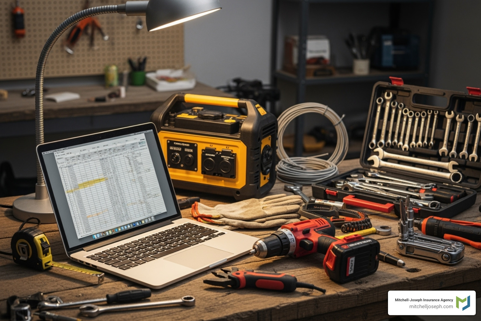 Various tools and equipment like laptops, power drills, and a small generator, illustrating the range of items that might be covered by equipment theft insurance - equipment theft insurance Various tools and equipment like laptops, power drills, and a small generator, illustrating the range of items that might be covered by equipment theft insurance - equipment theft insurance