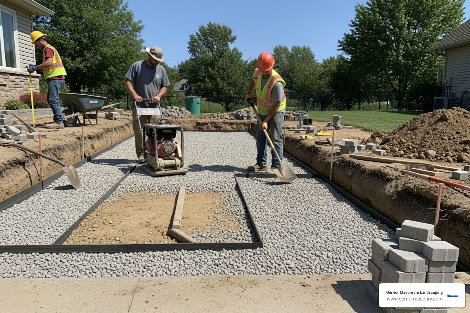 Construction crew preparing the base for a paver driveway - durable driveway pavers