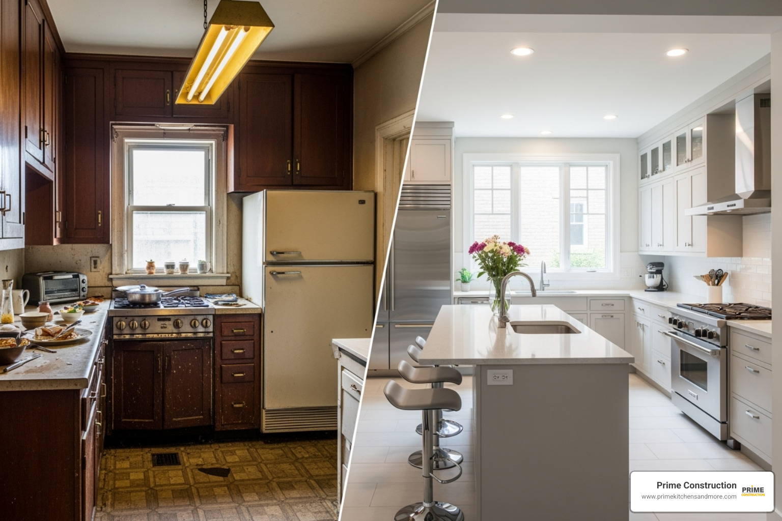 A split image showing a dated, dark kitchen on the left and a bright, modern, open-concept kitchen on the right after a complete remodel. - kitchen remodeling companies