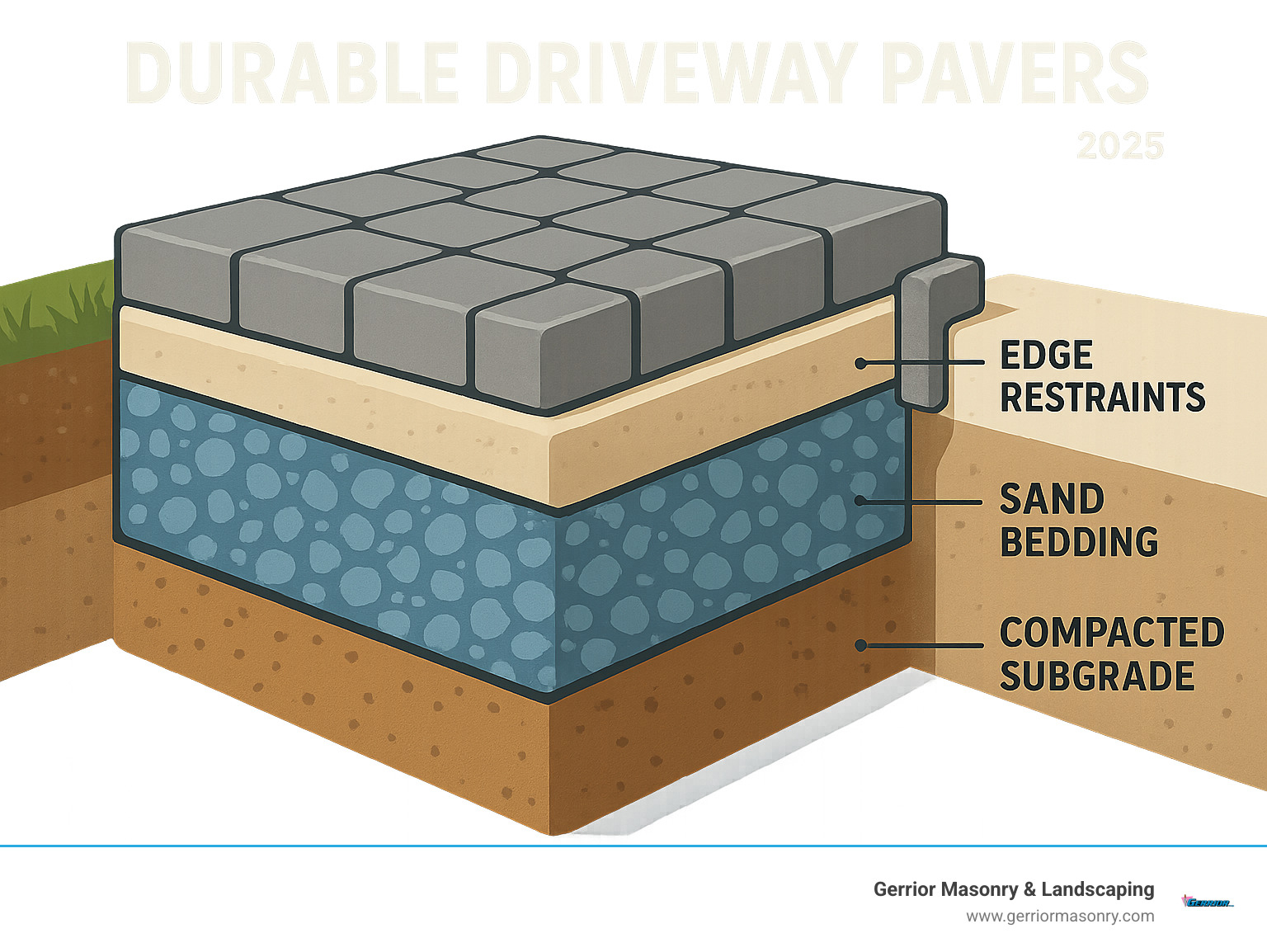 Infographic showing cross-section of paver driveway with labeled layers: compacted subgrade soil at bottom, thick gravel base layer, thin sand bedding layer, and interlocking pavers on top with proper edge restraints - durable driveway pavers infographic 