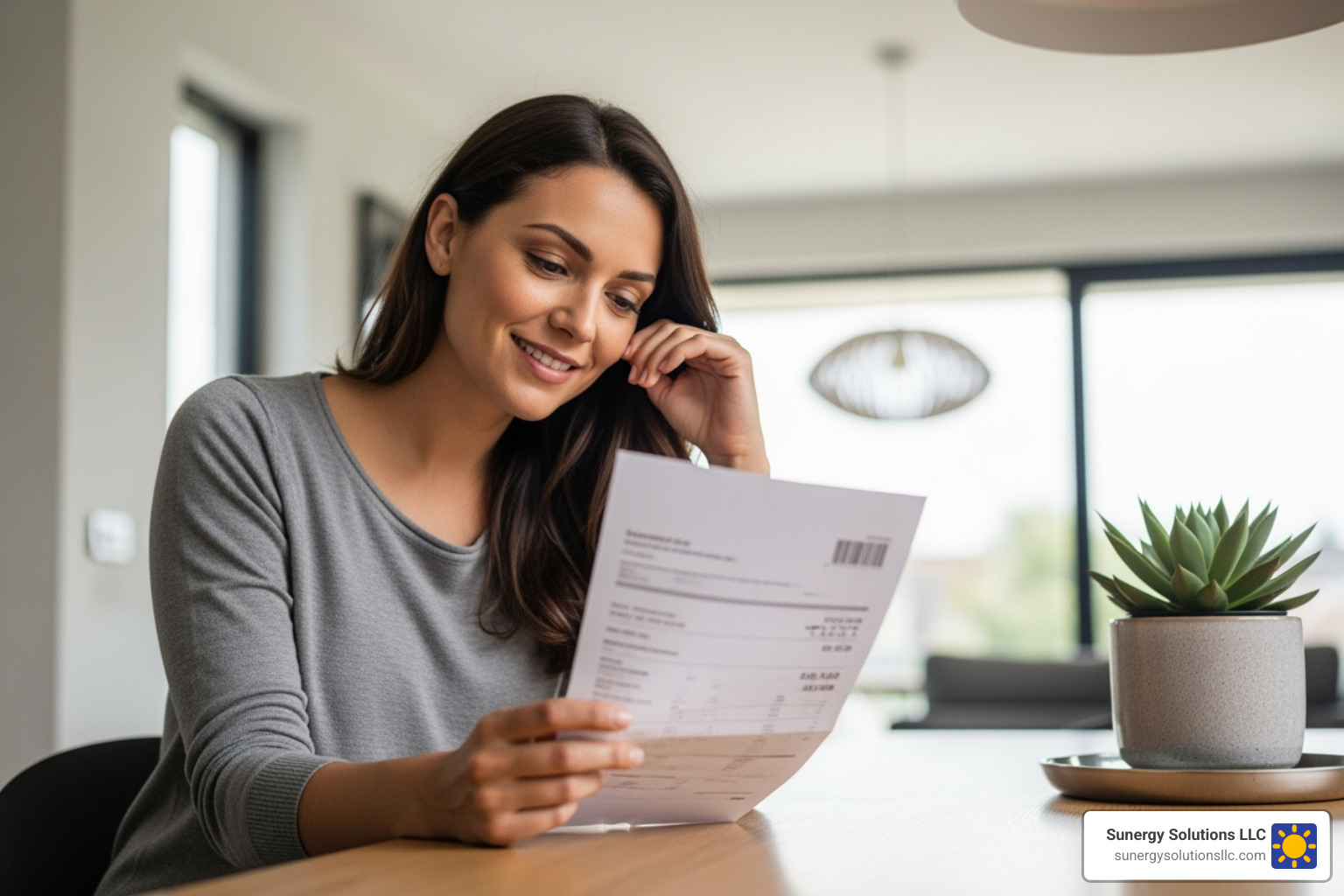 Image of a homeowner reviewing their lower electricity bill. - Clean energy CT Image of a homeowner reviewing their lower electricity bill. - Clean energy CT