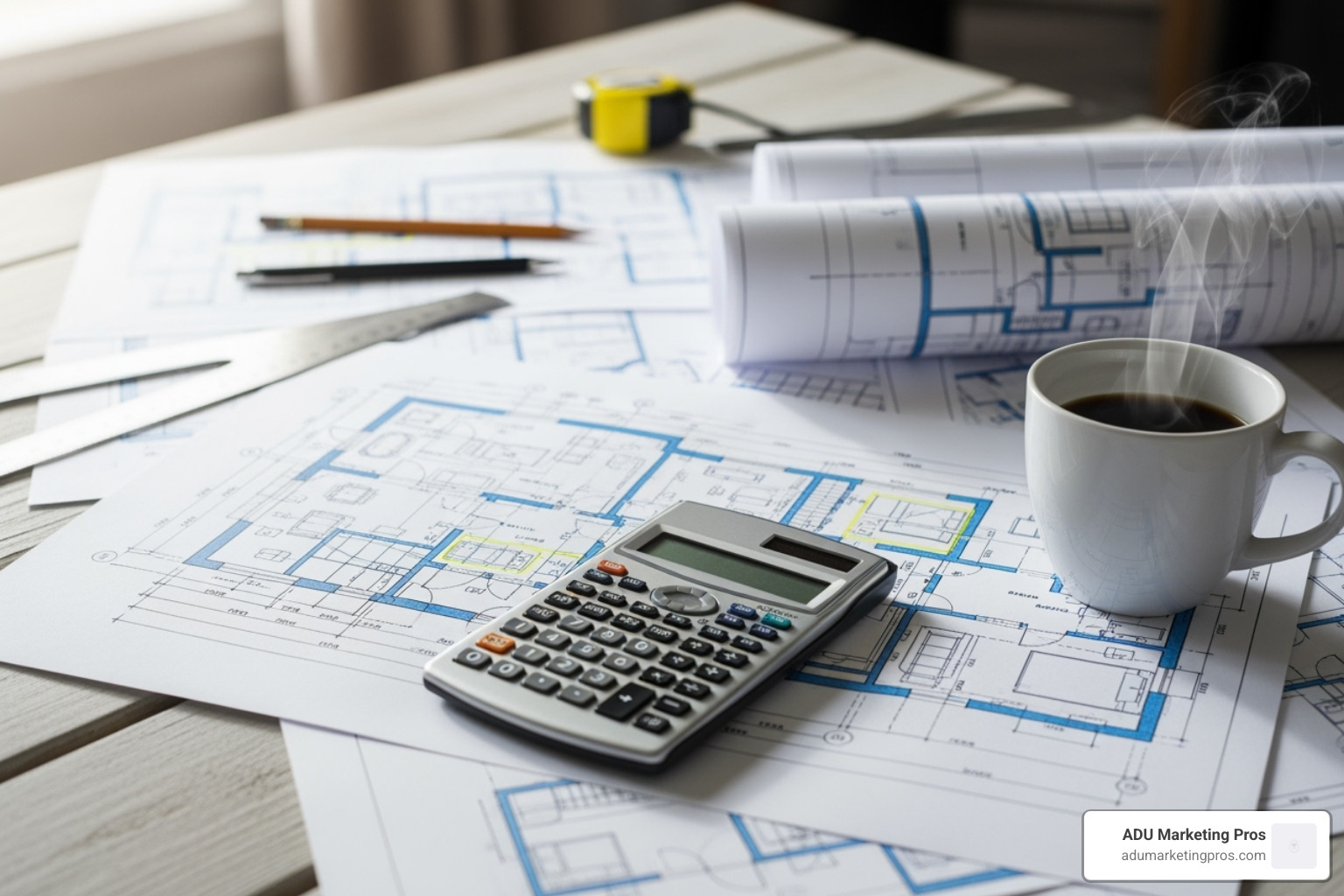 Architectural blueprints for a garage conversion laid out on a desk with a calculator and coffee - ADU conversion cost