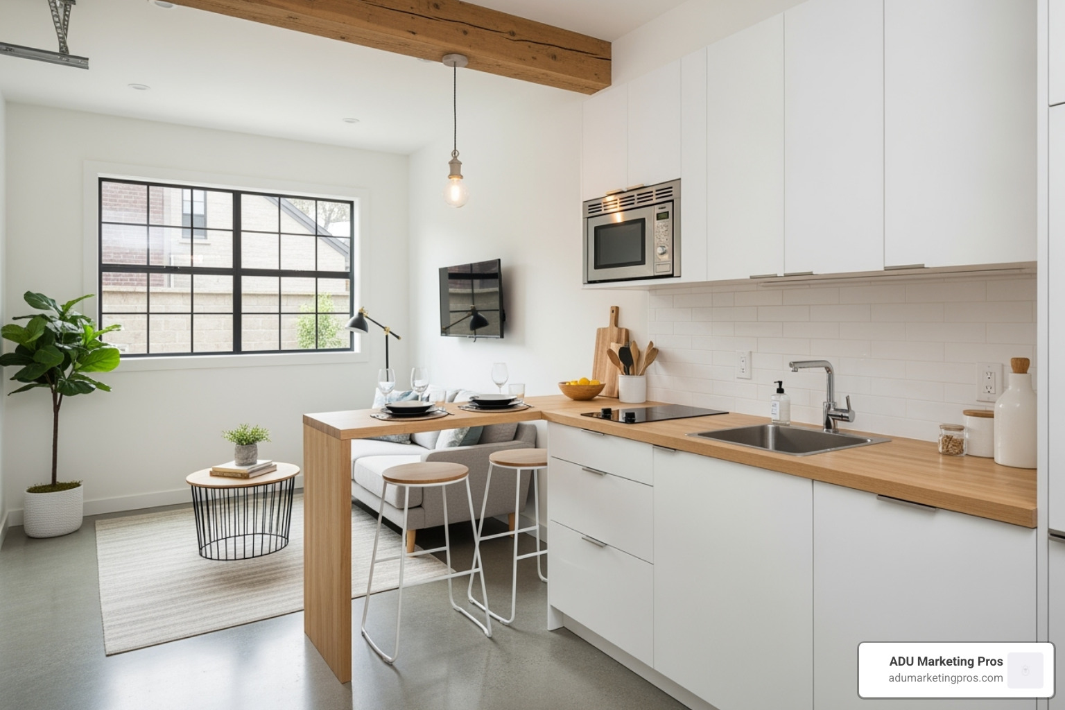 A stylish, compact kitchen and living area inside a converted garage ADU - ADU conversion cost