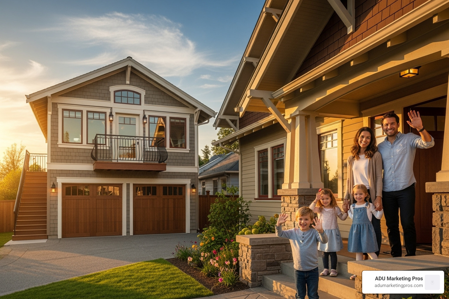 A happy family waving from the doorway of their main house, with an attractive garage ADU visible in the background - ADU conversion cost