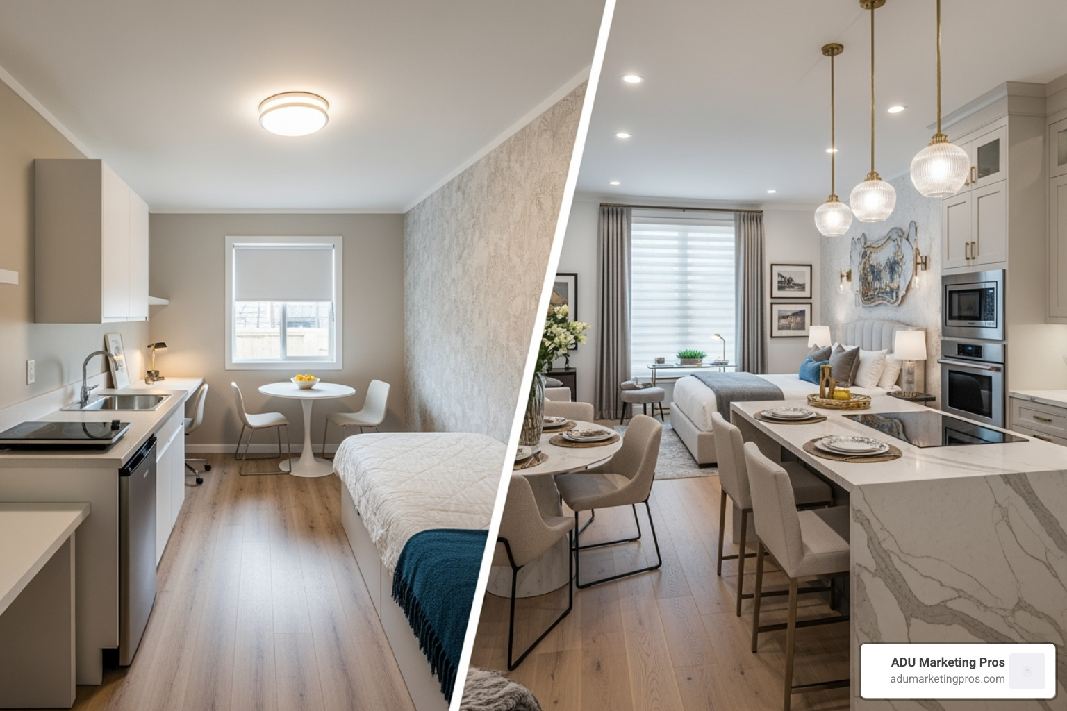 Split-screen showing a basic, clean ADU interior versus a high-end luxury ADU interior - ADU conversion cost