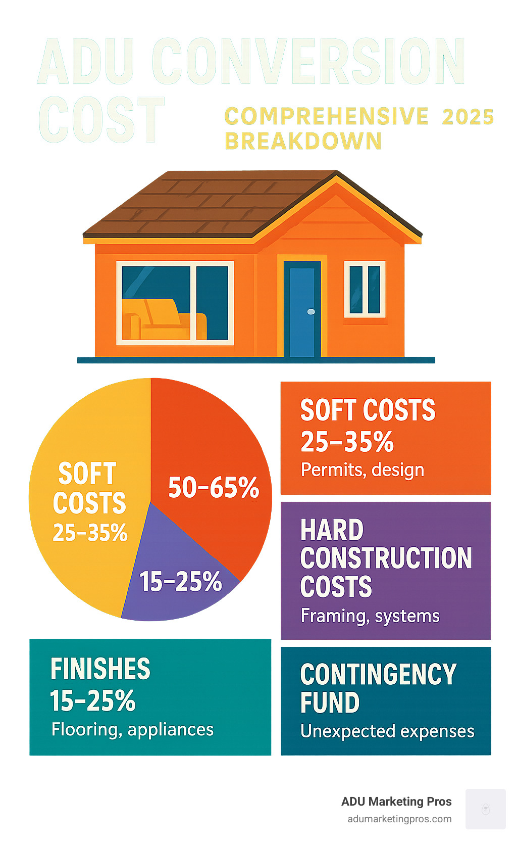Comprehensive breakdown of ADU garage conversion costs showing soft costs at 25-35% including permits and design, hard construction costs at 50-65% including framing and systems, finishes at 15-25% including flooring and appliances, and contingency fund at 10-15% for unexpected expenses - ADU conversion cost infographic 