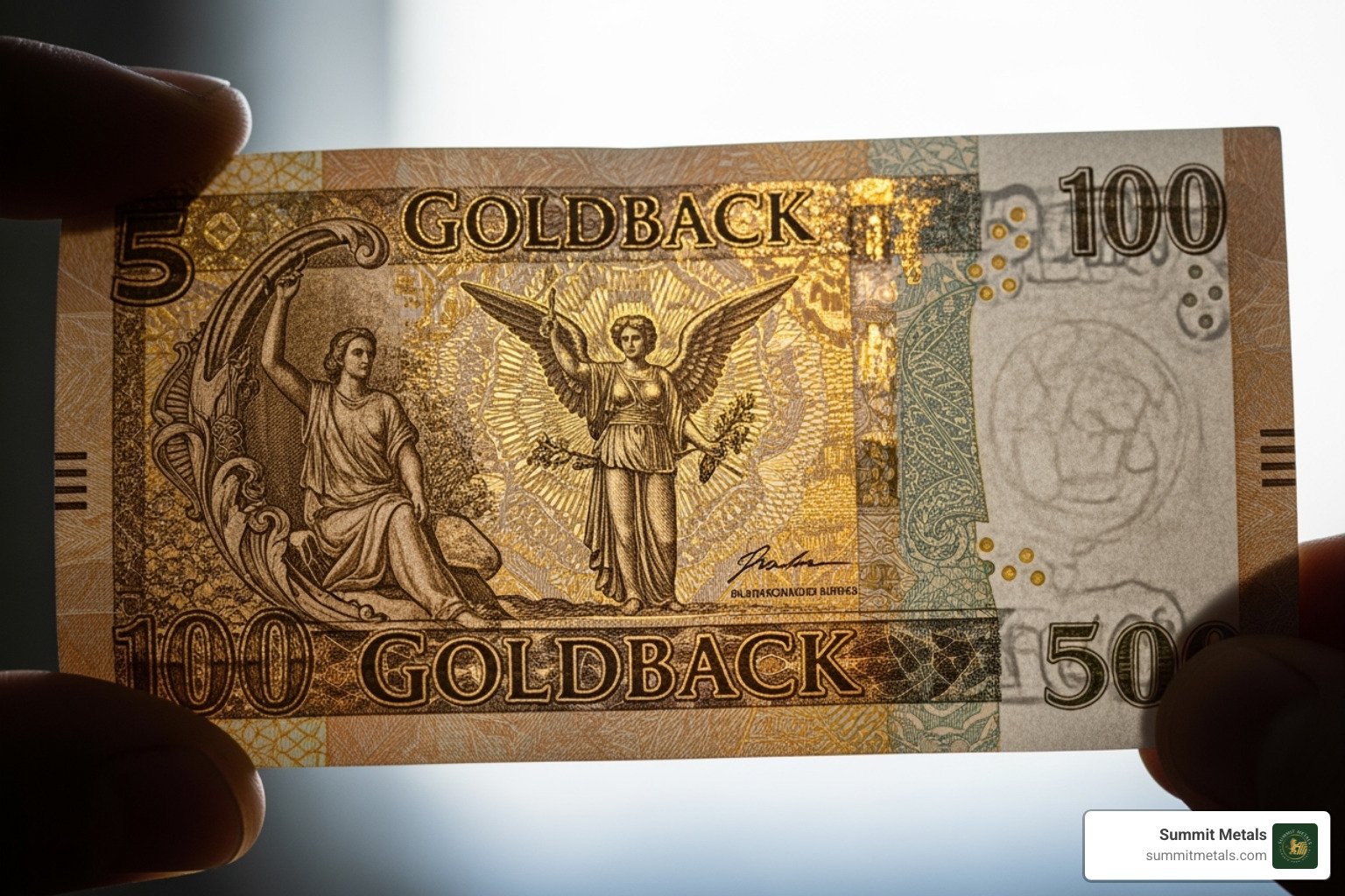Image of a single Goldback note held up to the light to show the gold's shimmer - are goldbacks a scam
