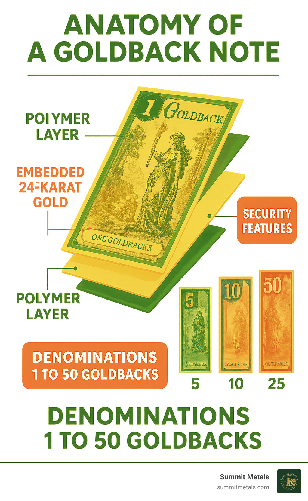 Infographic showing the anatomy of a Goldback note with labeled polymer layers, embedded 24-karat gold content, security features, and denomination values ranging from 1 to 50 Goldbacks - are goldbacks a scam infographic 