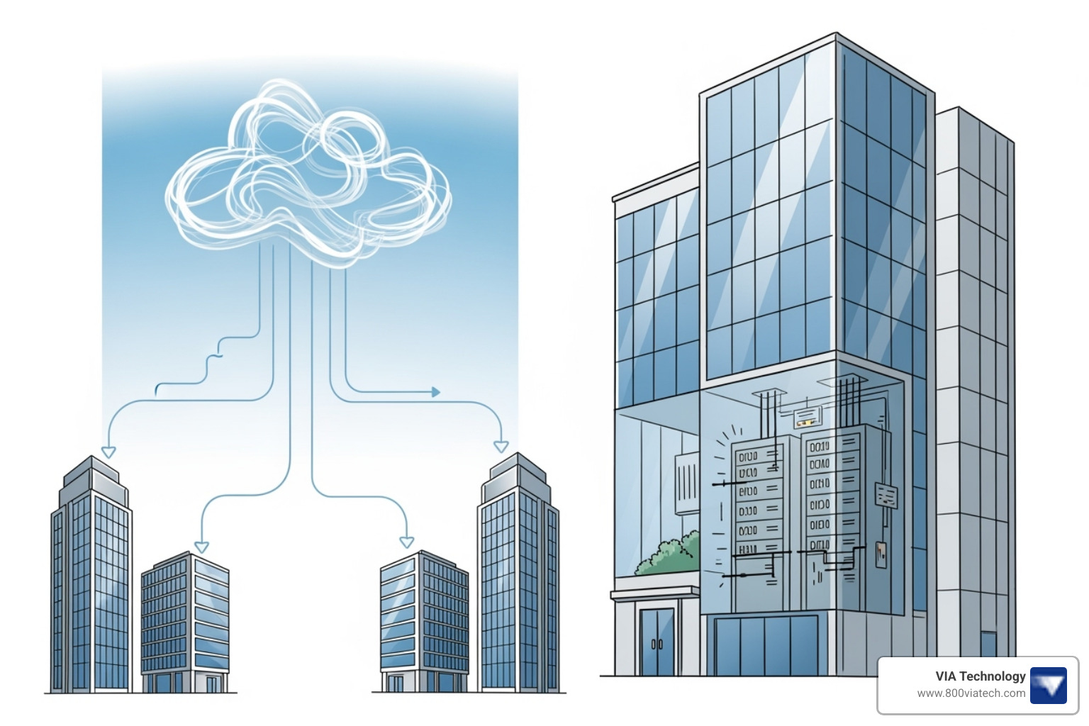 A diagram showing a cloud icon connecting to multiple buildings versus a single building with an on-site server, illustrating the scalability and centralized management of cloud-based systems compared to localized on-premise systems. - controlled door access systems
