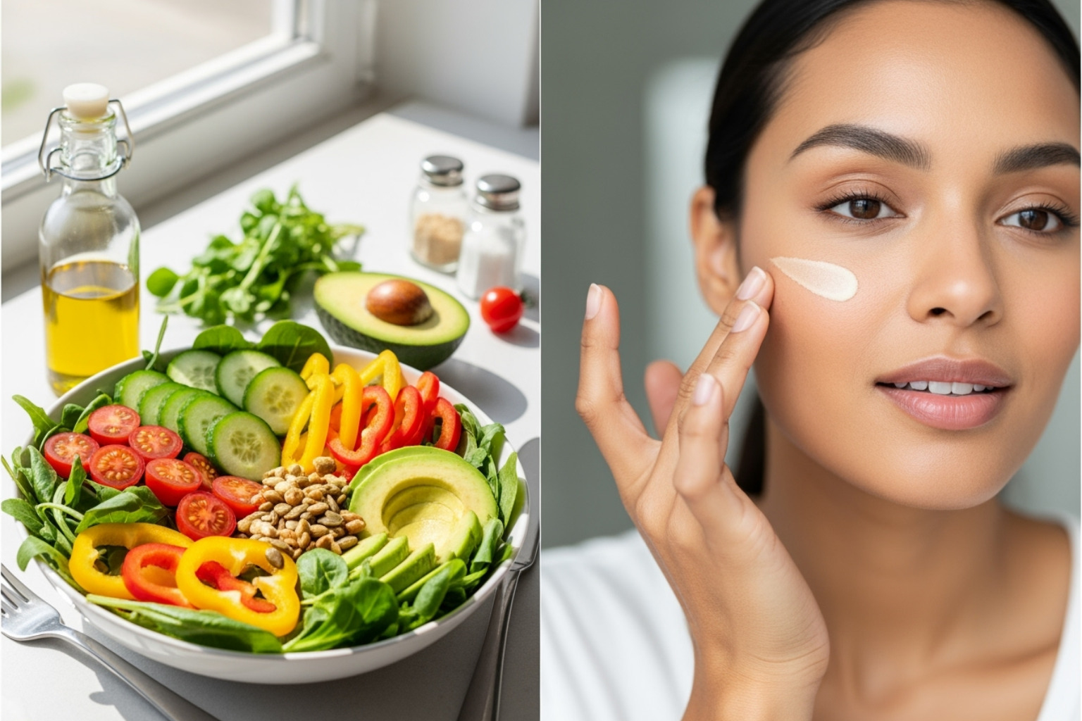 healthy meal and person applying primer - how to minimize pores on cheeks and nose