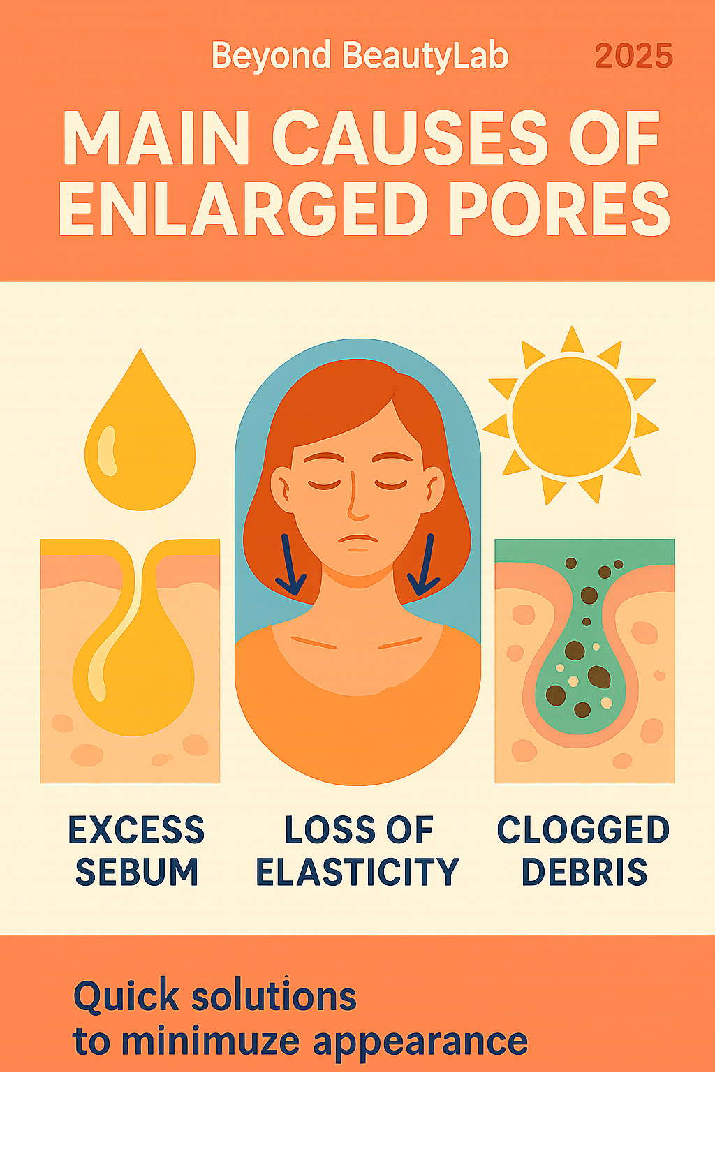 Infographic showing the main causes of enlarged pores: excess sebum production from oil glands, loss of skin elasticity from aging and sun damage, and clogged debris including dead skin cells and dirt accumulating in pores - how to minimize pores on cheeks and nose infographic 