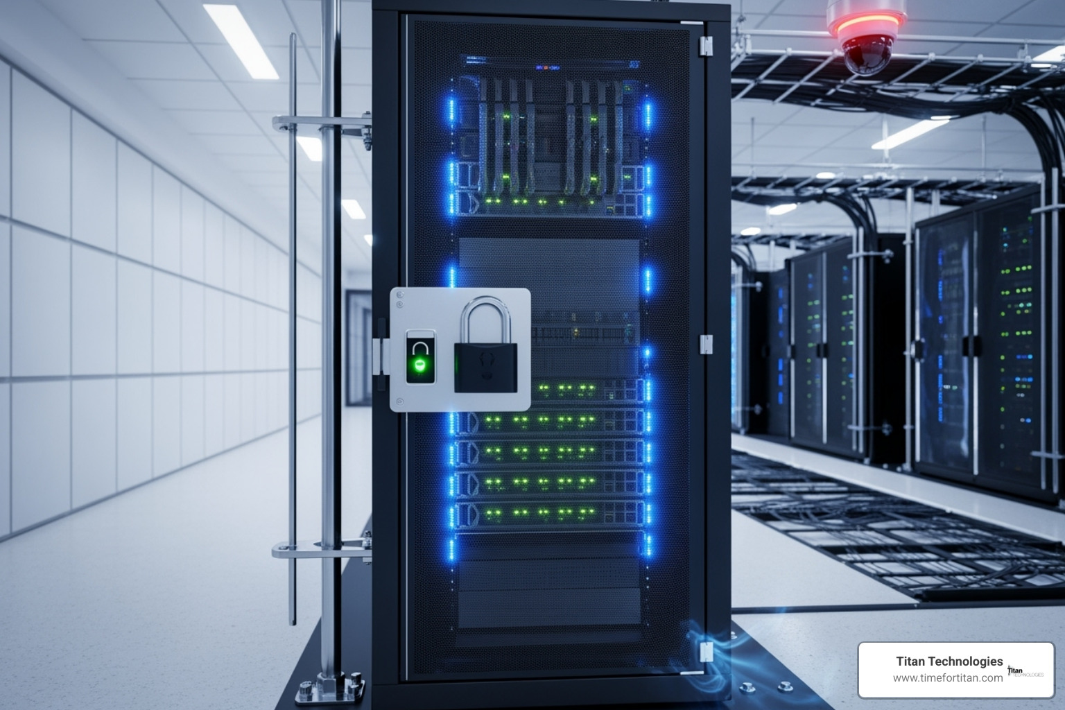 A secure, locked server rack in a data center, illustrating the robust physical and digital security measures in managed cloud environments. - managed cloud it services