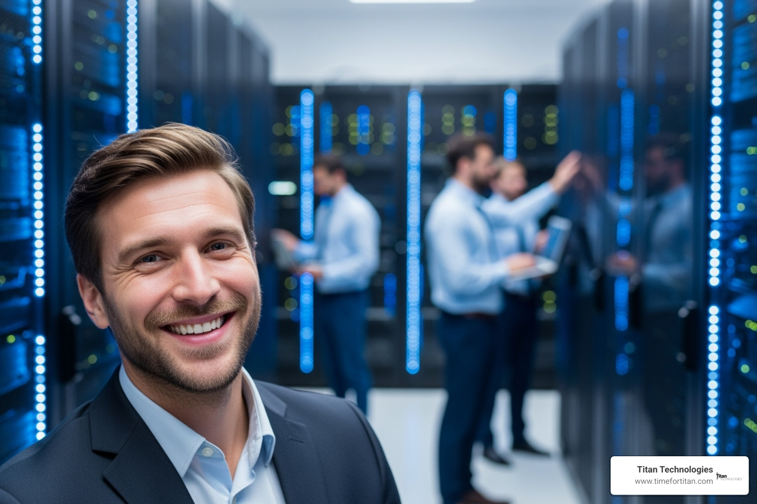 A business owner looking relieved while a team of IT experts manages servers in the background, symbolizing the relief and efficiency gained from managed cloud IT services. - managed cloud it services