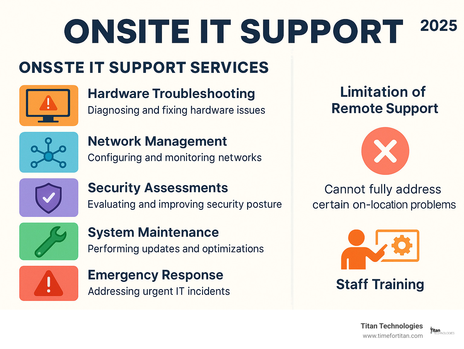 Comprehensive breakdown of onsite IT support services including hardware troubleshooting, network management, security assessments, system maintenance, emergency response, and staff training with comparison to remote support limitations - Onsite IT support infographic Comprehensive breakdown of onsite IT support services including hardware troubleshooting, network management, security assessments, system maintenance, emergency response, and staff training with comparison to remote support limitations - Onsite IT support infographic