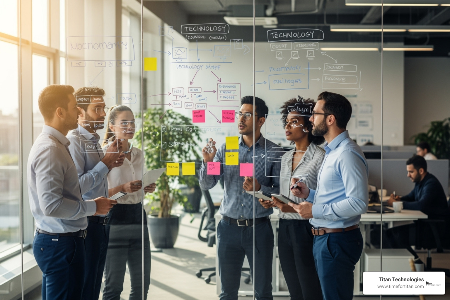 a team collaborating on a technology roadmap on a glass wall - managed it services consulting